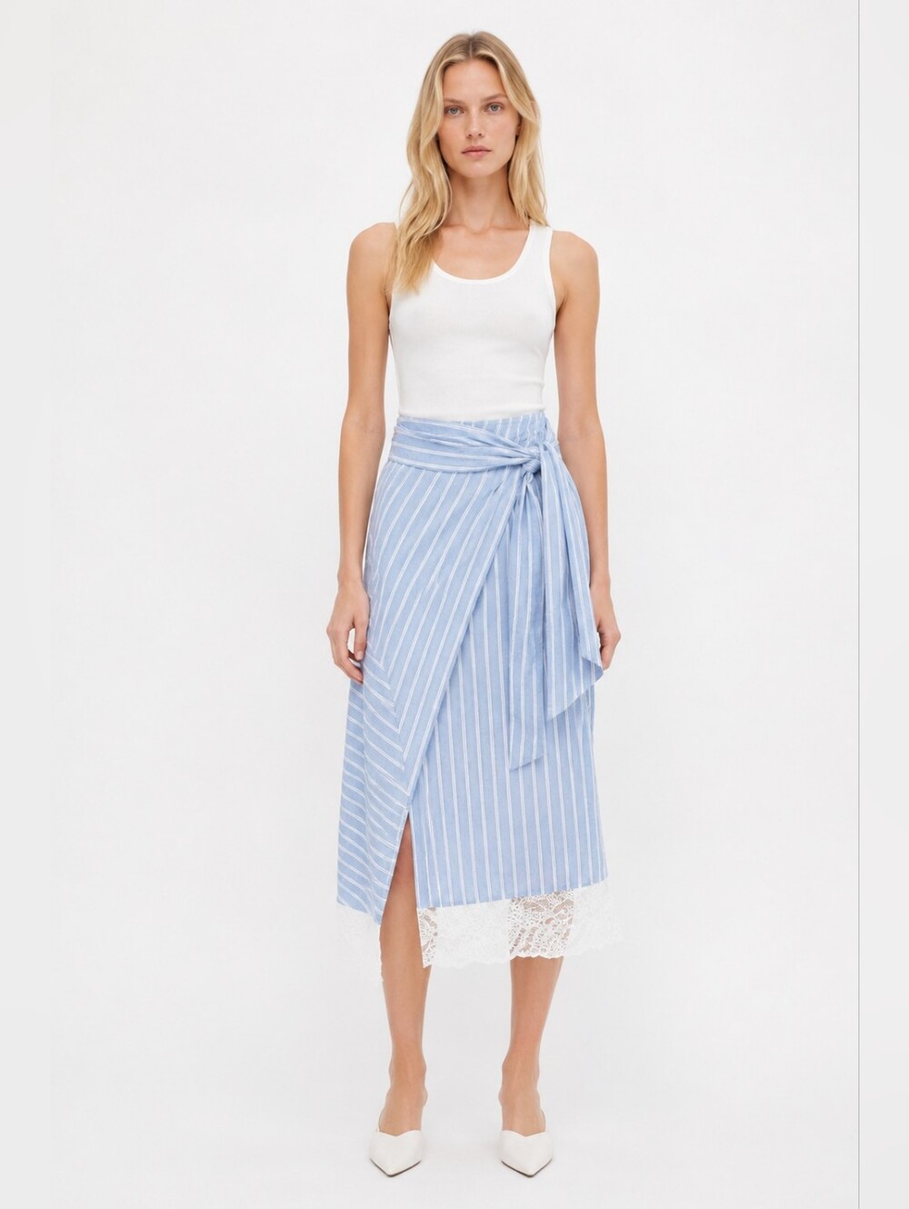 NEW Zara Size S Striped Wrap Skirt Lace Hem Minimalist Capsule Cottagecore